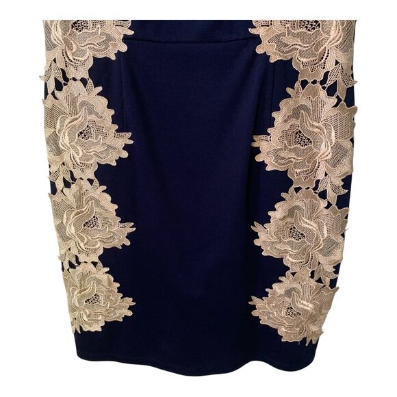 FIFTH & PARK Dress SZ 12 Navy & Beige Gold Floral Lace Sheath Dressy Cocktail - Picture 7 of 12